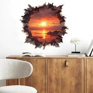 3D ocean sunset wall sticker with broken wall effect for living room home decor