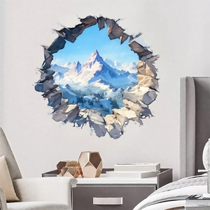 3D wall sticker with snow mountain view and broken wall effect for bedroom home decor