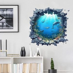 3D ocean world wall sticker featuring realistic sharks and broken stone visual effects