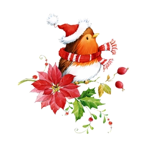Christmas robin wall decal with red hat, holly berries and watercolor floral art decoration