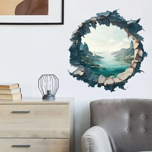 3D wall sticker with snowy mountain and lake landscape for living room home decor