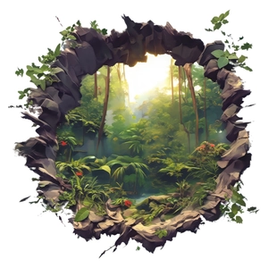 Sticker mural 3D effet mur brisé avec paysage de forêt tropicale pour décoration de salon