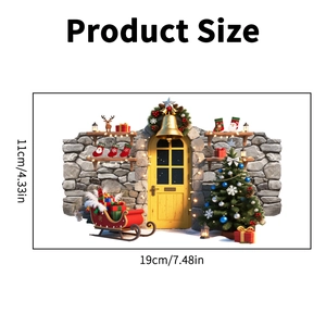 Detailed dimension guide for Christmas wall stickers with snowy door and tree motifs