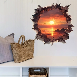 Detailed 3D wall sticker showing a tropical ocean sunset through a realistic broken wall effect
