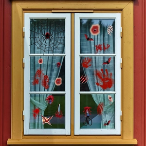 Halloween window decals set featuring spider web, help sign, and bloody handprints