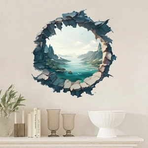 Macro detail of a 3D wall decal featuring a mountain and lake landscape scene