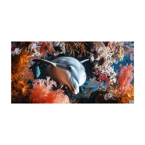 Marine wall sticker featuring a grey dolphin leaping from vibrant coral reefs in deep blue sea