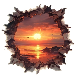 3D ocean sunset wall sticker with a creative broken wall effect for home decoration