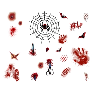 Halloween bloody stickers featuring red spiders bats handprints and help text on white background