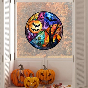 Halloween pumpkin castle and bats stained glass style static cling window decoration