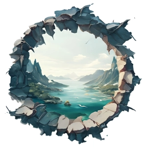 3D hole wall sticker featuring a scenic mountain landscape for living room decor