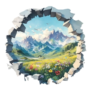 Sticker mural 3D avec montagnes enneigées et fleurs sauvages à travers un mur brisé