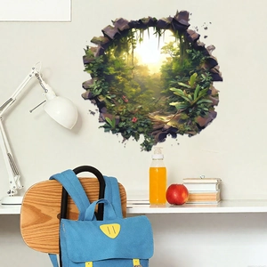 Detail showing 3D wall sticker with tropical forest landscape in home office setting