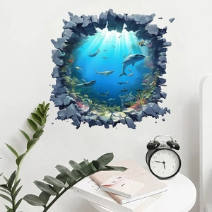 3D ocean wall sticker with sharks and coral displayed in a modern white living room