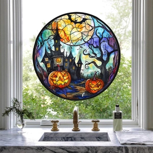 Halloween pumpkin castle bat stained glass window cling for home decoration