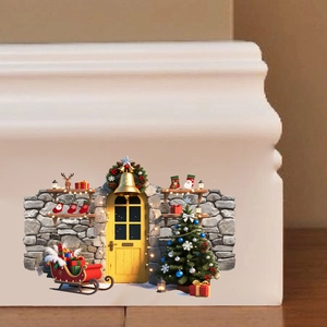 Detailed 3D Christmas wall sticker featuring a miniature yellow door and festive tree scenery
