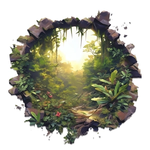3D broken wall decal with lush tropical rainforest view for home wall decoration