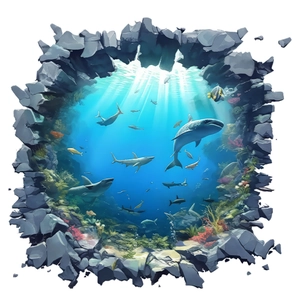3D Ocean shark wall sticker with coral reef underwater scene through cracked stone wall effect