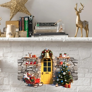 3D Christmas wall sticker detail featuring a stone door, Xmas tree, and red gift sled