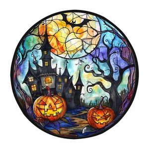 Halloween stained glass style static window cling with pumpkin castle and bat on orange moon