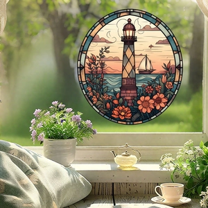 Coastal lighthouse sunset glass static window sticker with vibrant floral pattern