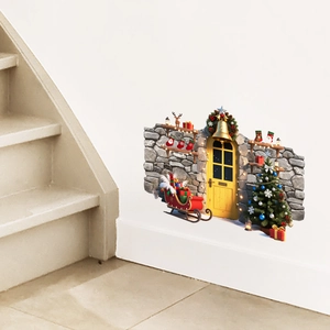 Detail of 3D Christmas door wall sticker with festive tree and gift sleigh on a brick wall