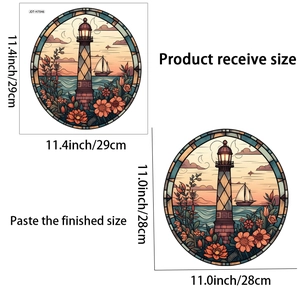 Close-up of circular coastal lighthouse window sticker with dimensions for size reference