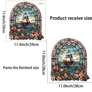 Detailed size chart for stained glass sailboat wall decal showing 29x29cm received size