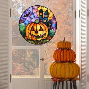 Adesivo per finestre a forma di zucca di Halloween effetto vetro colorato con castello gotico