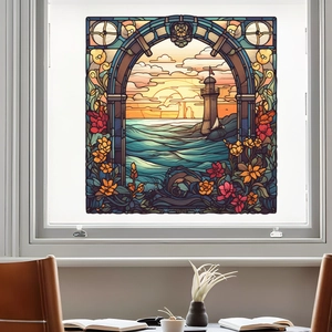 Stained Glass Window Film Static Cling Lighthouse Ocean Flower PVC Decorative Sticker For Home Living Room Bedroom Windows