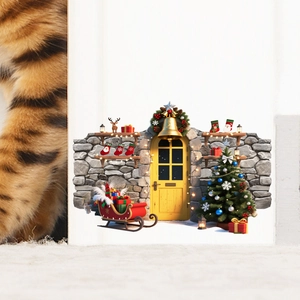 Miniature Christmas door wall stickers set with 3D festive decor and cat paw for scale