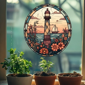 Detail of coastal lighthouse static window cling with double-sided sea art print