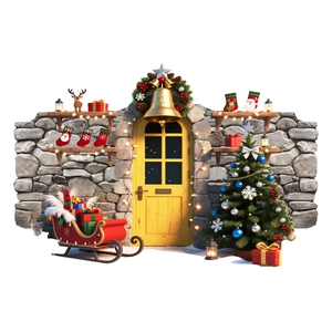 Macro 3D scene of Christmas door sticker with gift box, tree, and reindeer details