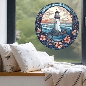 Lighthouse and ocean wave round window sticker with floral border for home decor