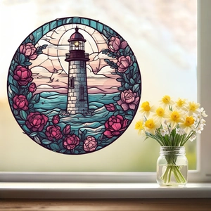 Round stained glass style lighthouse window sticker with pink roses and sea view scenery