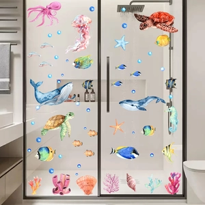 Watercolour ocean wall stickers featuring turtles and jellyfish on glass bathroom doors