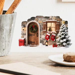 Detailed 3D Christmas wall sticker featuring stone window, wreath, and festive elements