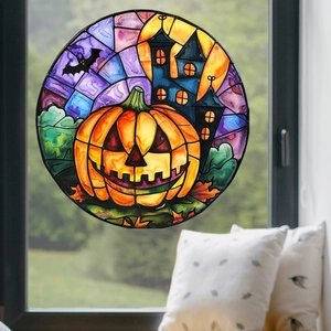Adesivo per finestre Halloween stile vetro colorato con zucca e castello su vetro luminoso