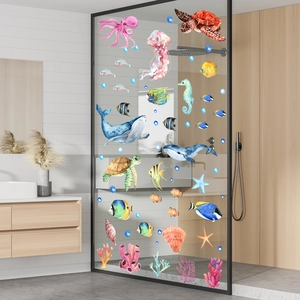 Watercolour marine animal wall decals for bathroom glass including whale and sea turtles