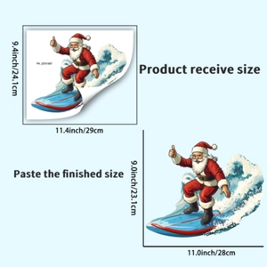 Détails du sticker Père Noël avec dimensions de la planche et rendu après application