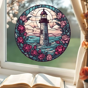 Detail of coastal lighthouse static window cling showing stained glass rose floral art