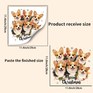 Detail showing dimensions of Christmas Corgi dog wall stickers and layout measurements