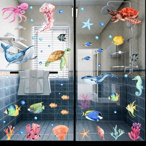 Self-adhesive ocean life wall stickers with watercolor sea animals for bathroom decor