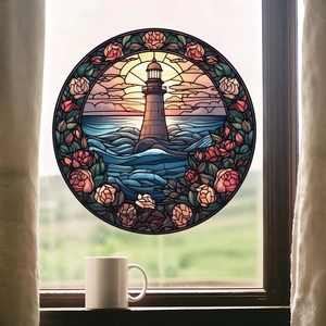 Lighthouse and sunset glass window sticker with rose floral wreath decoration