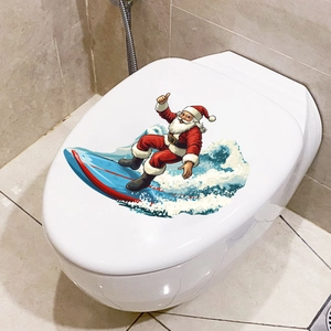 Détail de l'autocollant mural adhésif Père Noël surfant sur les vagues pour couvercle WC