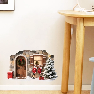 3D Christmas wall sticker featuring a snowy wooden door, festive wreaths and gift boxes
