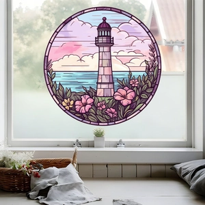 Stained glass style coastal lighthouse window static cling sticker with floral patterns