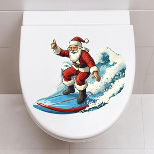 Sticker de couvercle de toilette Père Noël surfant sur un requin en PVC imperméable