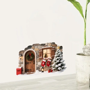 3D Christmas wall sticker featuring a vintage door, wreath, and tree for holiday decor