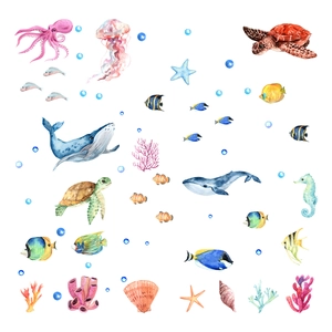 Self-adhesive watercolor ocean animal wall stickers featuring sea turtles and whales